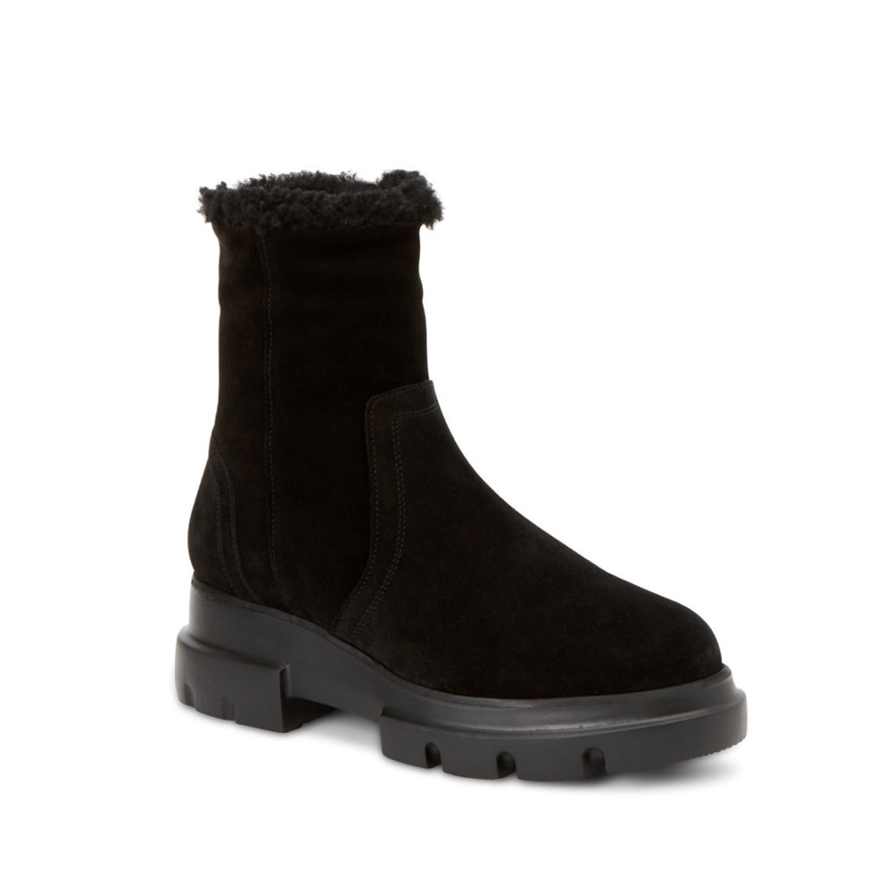 Aquatalia Kyla Suede & Faux Shearling-Lined Lug Sole Boots Black 10.5